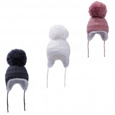 H644: Sherpa Lined Knit Hat w/Pom Poms (0-12m)